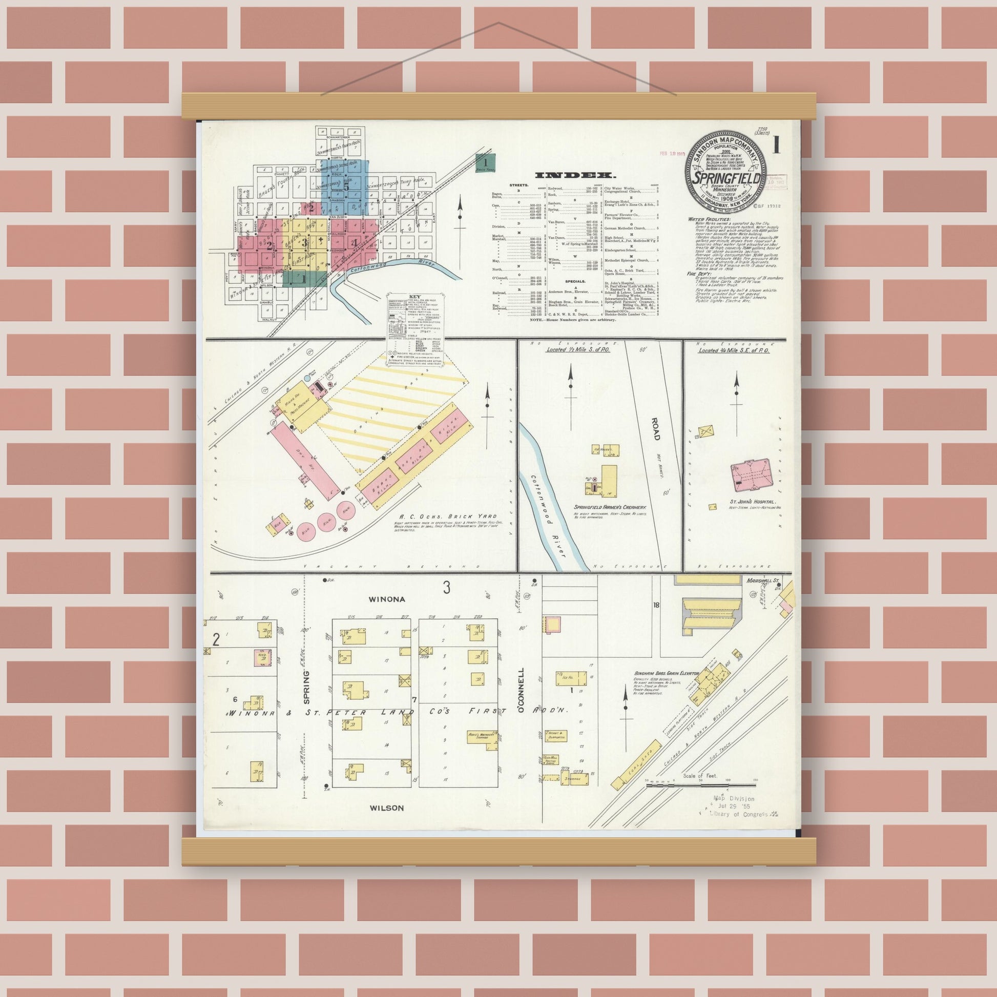 Old map wall art mockup — magnetic wood frame on brick wall — Sanborn Fire Insurance Map from Springfield, Brown County, Minnesota (1909) - Complete Map Set