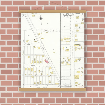 Old map wall art mockup — magnetic wood frame on brick wall — Sanborn Fire Insurance Map from Mountain View, Santa Clara County, California (1921), Sheet #0003