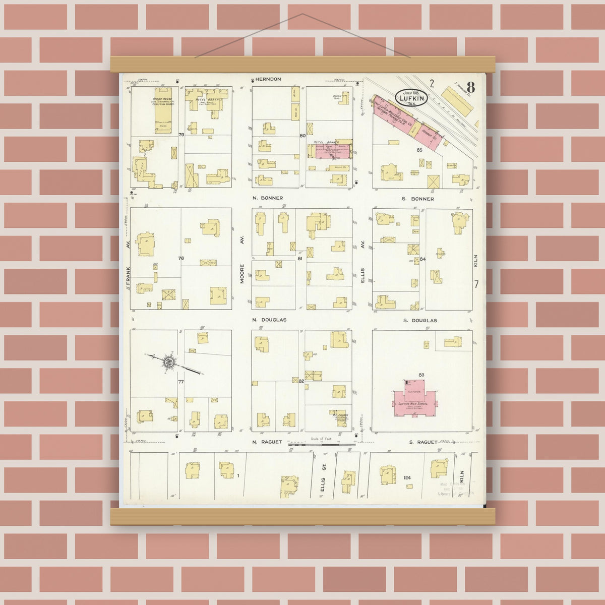 Old map wall art mockup — magnetic wood frame on brick wall — Sanborn Fire Insurance Map from Lufkin, Angelina County, Texas (1915), Sheet #0008