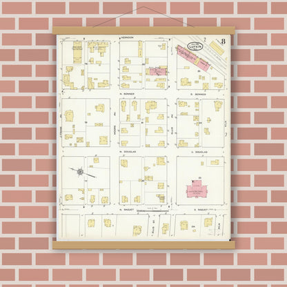 Old map wall art mockup — magnetic wood frame on brick wall — Sanborn Fire Insurance Map from Lufkin, Angelina County, Texas (1915), Sheet #0008