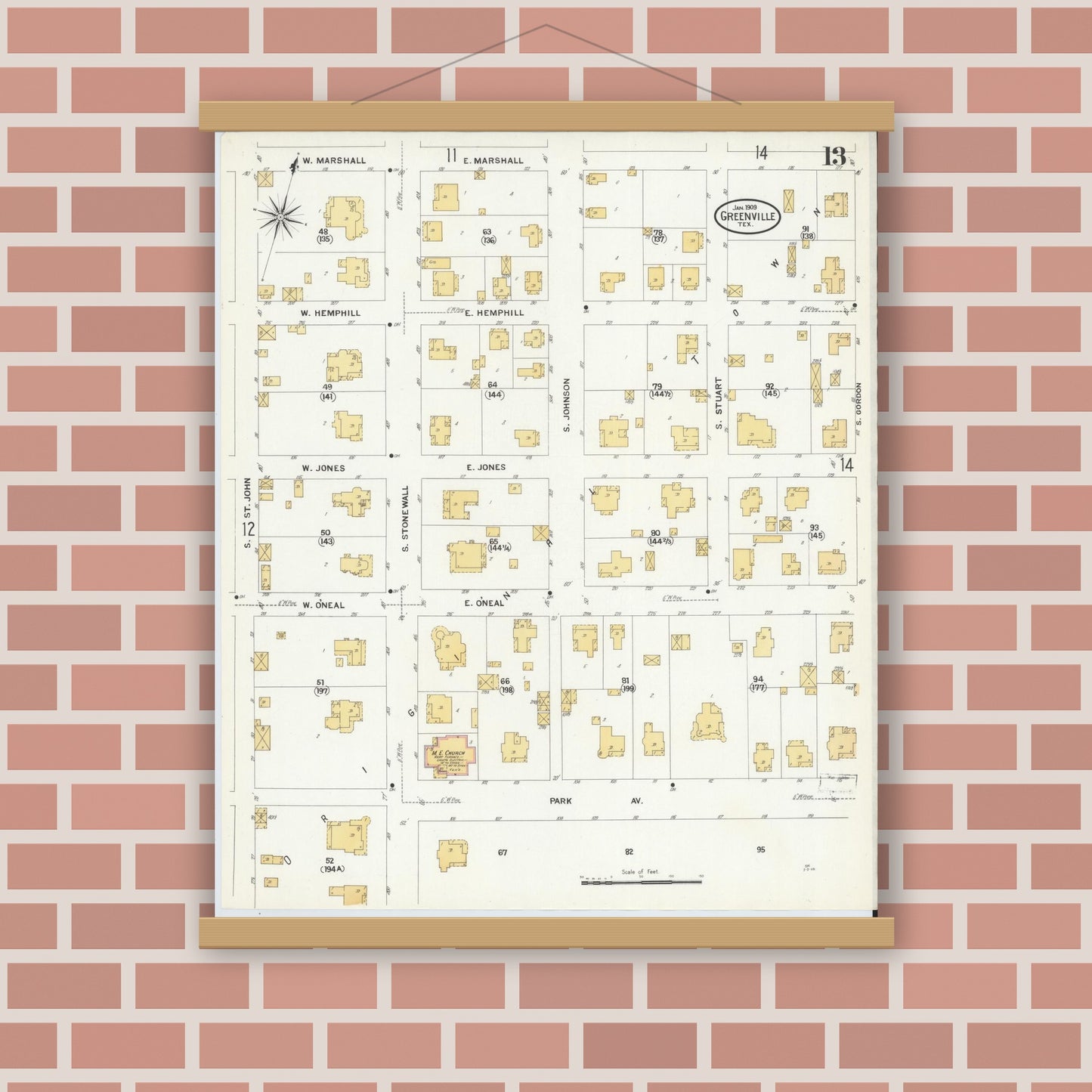 Old map wall art mockup — magnetic wood frame on brick wall — Sanborn Fire Insurance Map from Greenville, Hunt County, Texas (1909), Sheet #0013