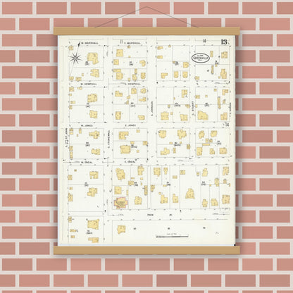 Old map wall art mockup — magnetic wood frame on brick wall — Sanborn Fire Insurance Map from Greenville, Hunt County, Texas (1909), Sheet #0013