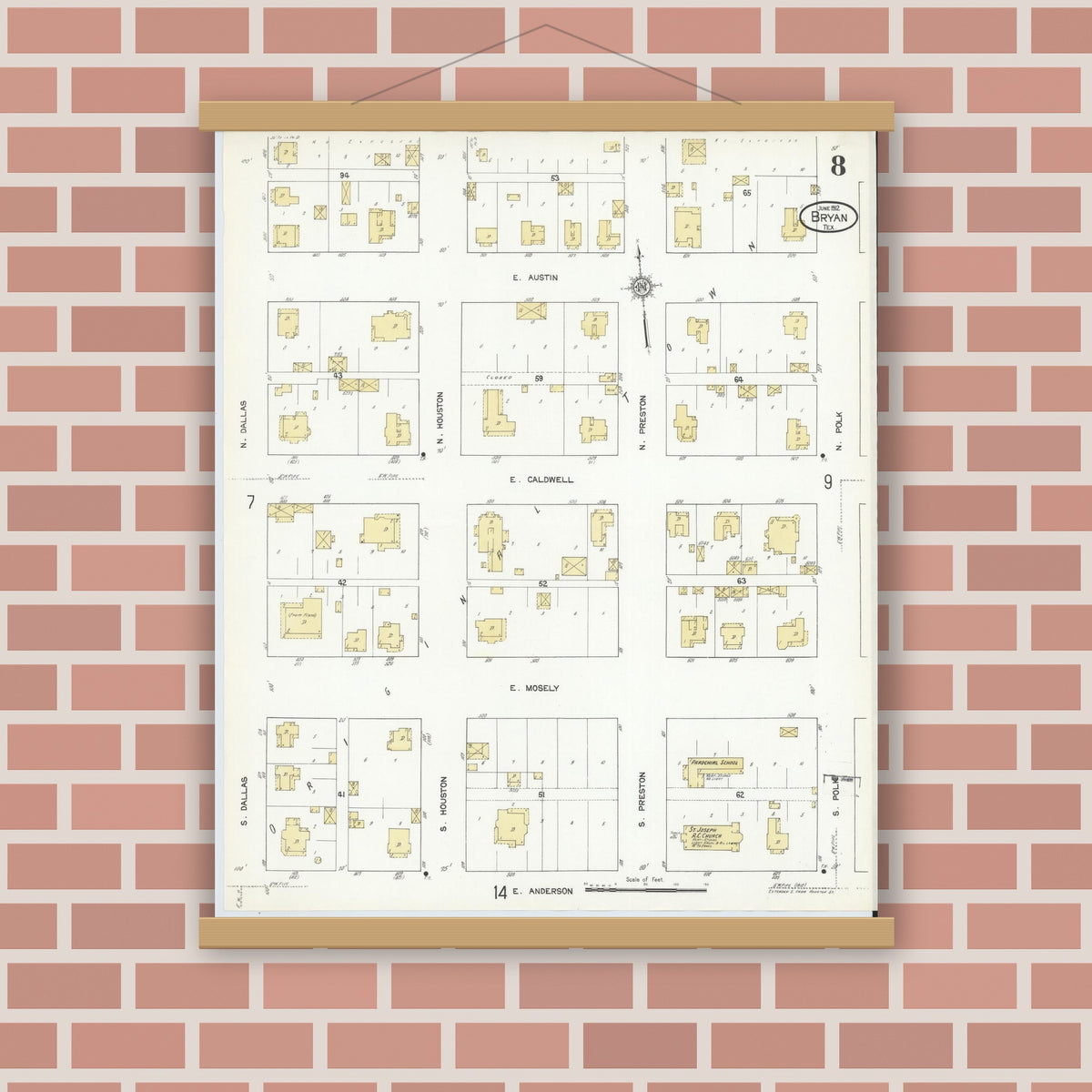 Old map wall art mockup — magnetic wood frame on brick wall — Sanborn Fire Insurance Map from Bryan, Brazos County, Texas (1912), Sheet #0008