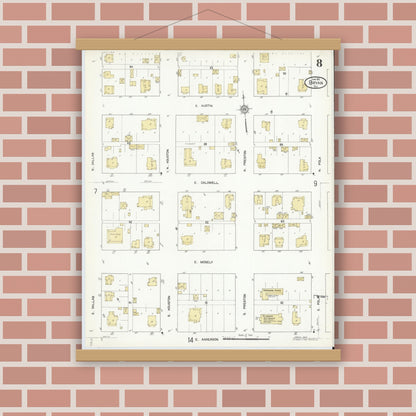 Old map wall art mockup — magnetic wood frame on brick wall — Sanborn Fire Insurance Map from Bryan, Brazos County, Texas (1912), Sheet #0008