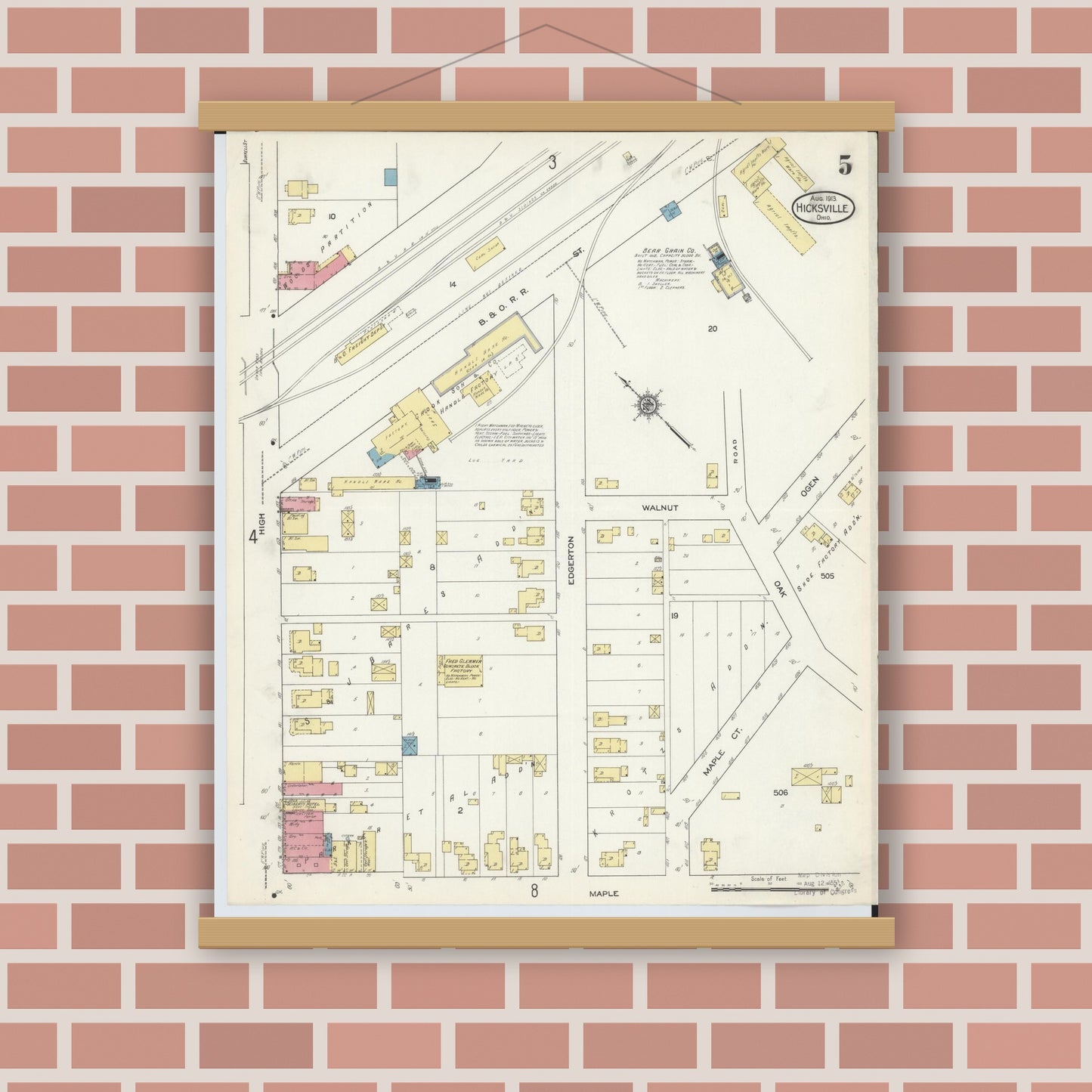 Old map wall art mockup — magnetic wood frame on brick wall — Sanborn Fire Insurance Map from Hicksville, Defiance County, Ohio (1913), Sheet #0005