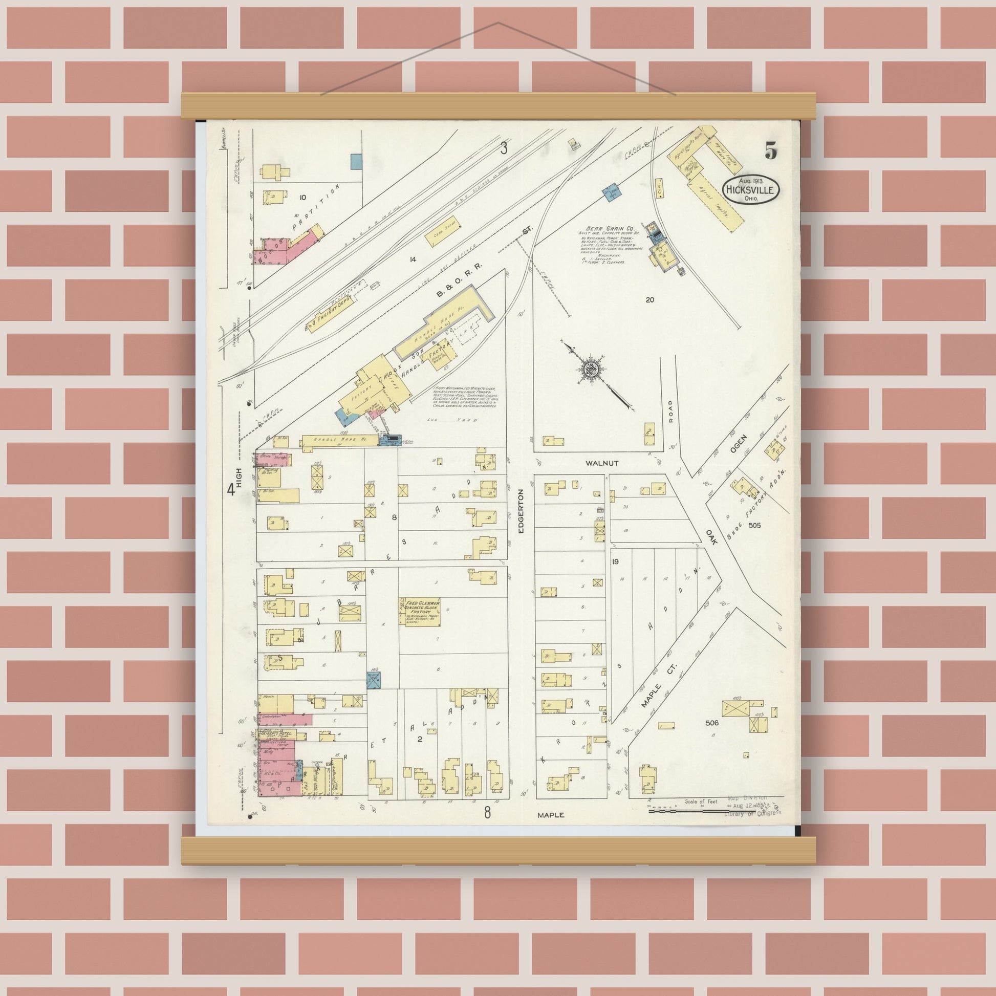 Old map wall art mockup — magnetic wood frame on brick wall — Sanborn Fire Insurance Map from Hicksville, Defiance County, Ohio (1913), Sheet #0005