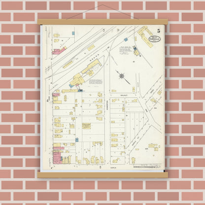 Old map wall art mockup — magnetic wood frame on brick wall — Sanborn Fire Insurance Map from Hicksville, Defiance County, Ohio (1913), Sheet #0005