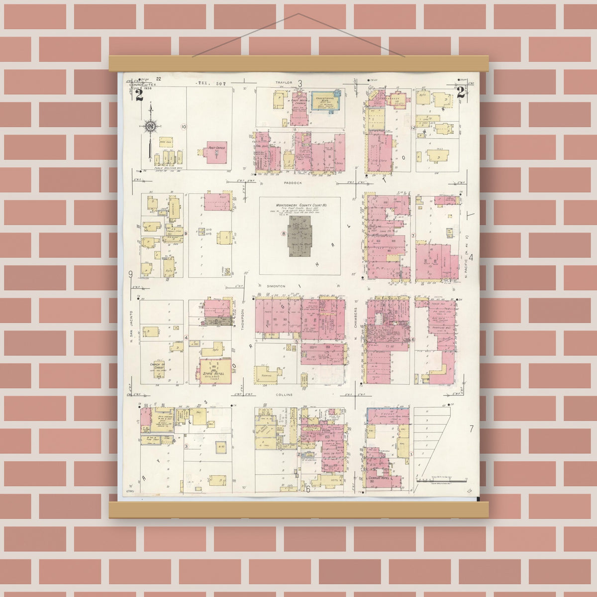 Old map wall art mockup — magnetic wood frame on brick wall — Sanborn Fire Insurance Map from Conroe, Montgomery County, Texas (1943), Sheet #0002