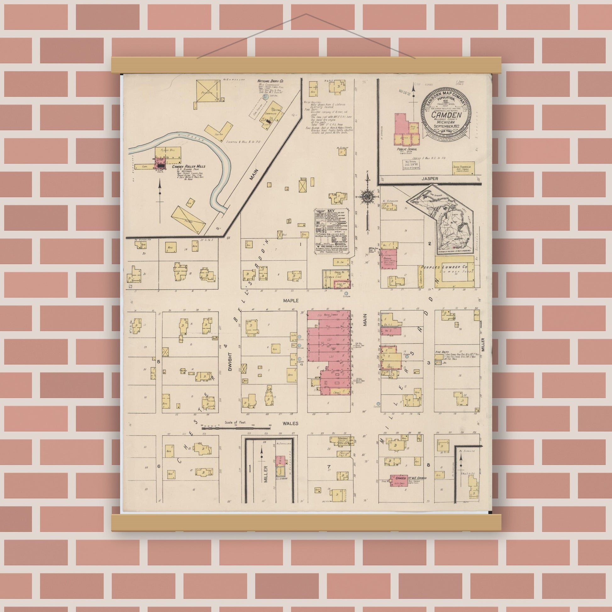Old map wall art mockup — magnetic wood frame on brick wall — Sanborn Fire Insurance Map from Camden, Hillsdale County, Michigan (1922), Sheet #0001