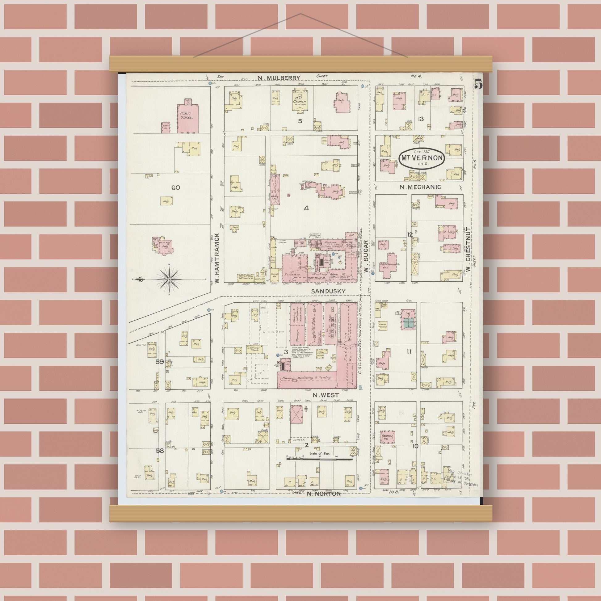 Old map wall art mockup — magnetic wood frame on brick wall — Sanborn Fire Insurance Map from Mount Vernon, Knox County, Ohio (1887), Sheet #0005