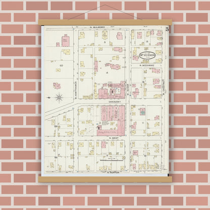 Old map wall art mockup — magnetic wood frame on brick wall — Sanborn Fire Insurance Map from Mount Vernon, Knox County, Ohio (1887), Sheet #0005