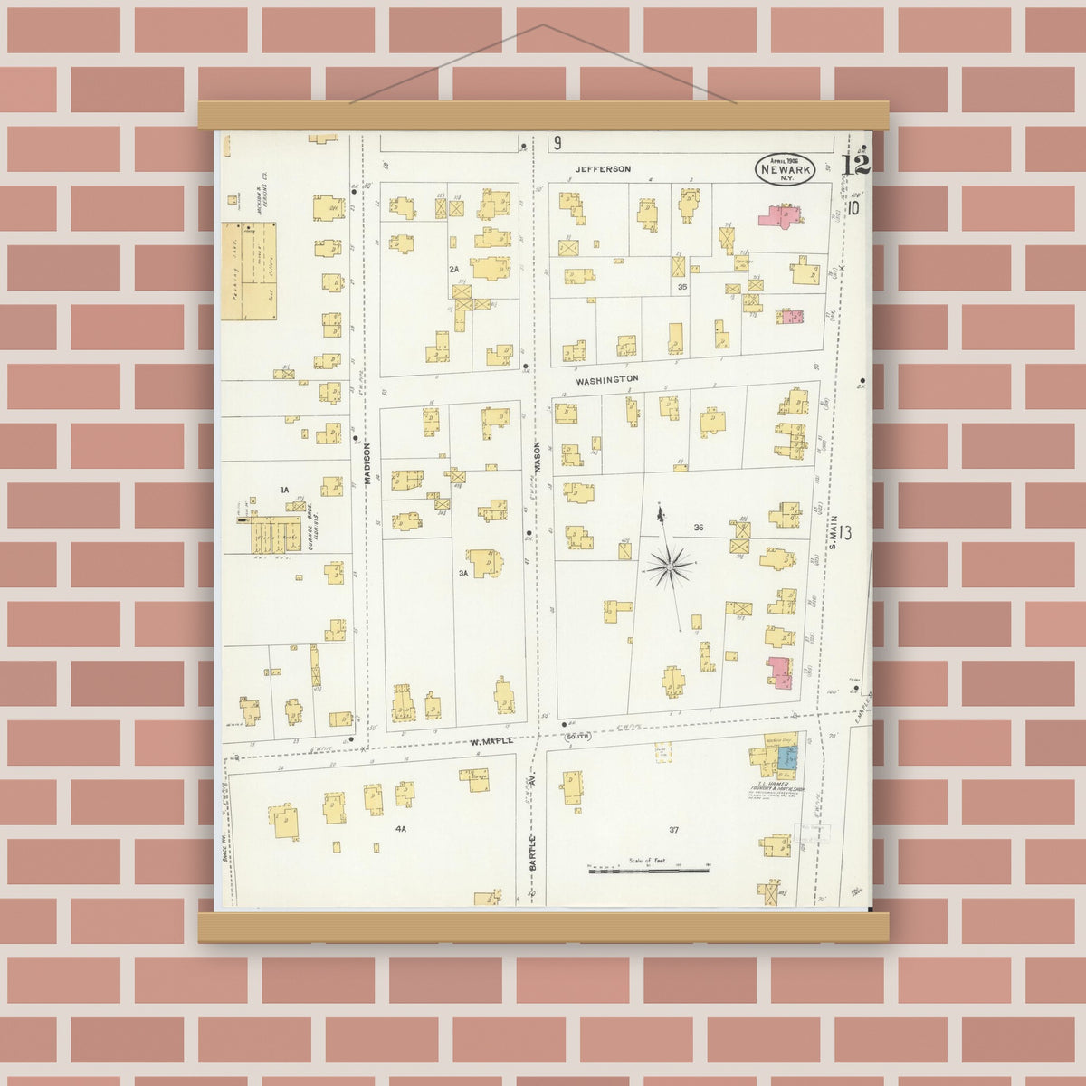 Old map wall art mockup — magnetic wood frame on brick wall — Sanborn Fire Insurance Map from Newark, Wayne County, New York (1906), Sheet #0012