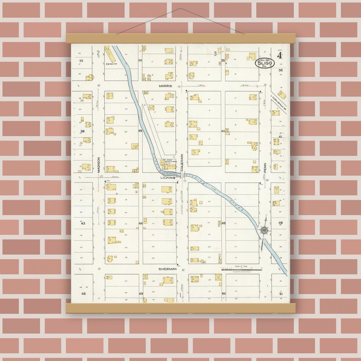 Old map wall art mockup — magnetic wood frame on brick wall — Sanborn Fire Insurance Map from Sligo, Clarion County, Pennsylvania (1921), Sheet #0004