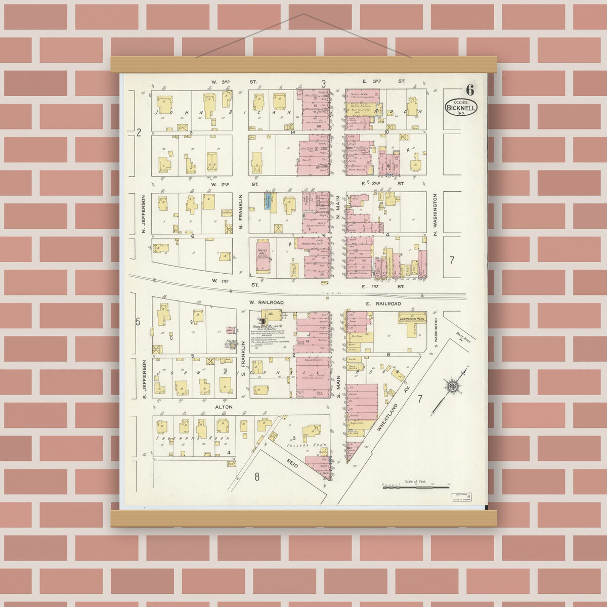 Old map wall art mockup — magnetic wood frame on brick wall — Sanborn Fire Insurance Map from Bicknell, Knox County, Indiana (1915), Sheet #0006