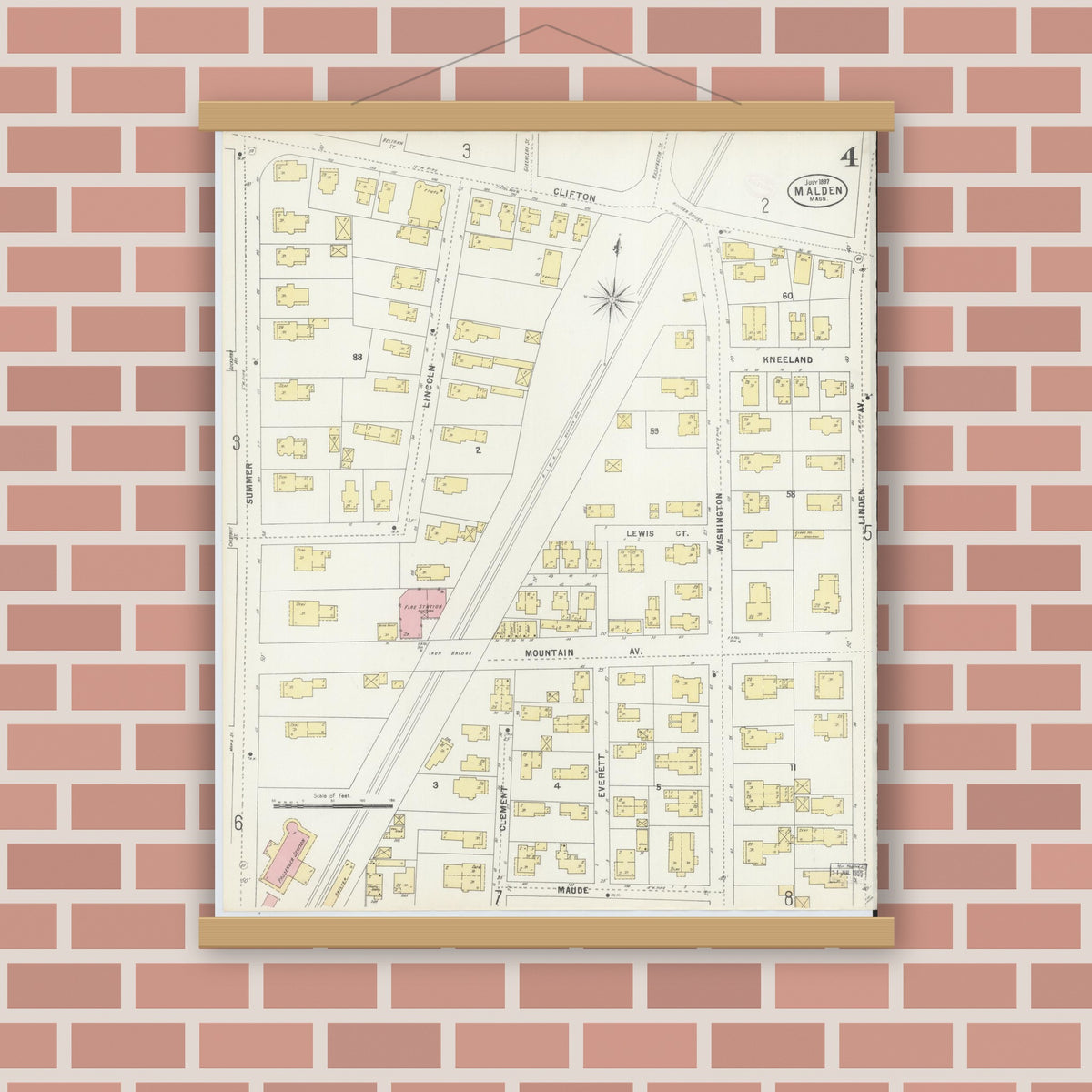 Old map wall art mockup — magnetic wood frame on brick wall — Sanborn Fire Insurance Map from Malden, Middlesex County, Massachusetts (1897), Sheet #0004