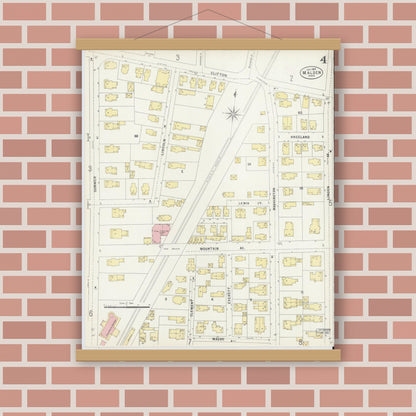 Old map wall art mockup — magnetic wood frame on brick wall — Sanborn Fire Insurance Map from Malden, Middlesex County, Massachusetts (1897), Sheet #0004