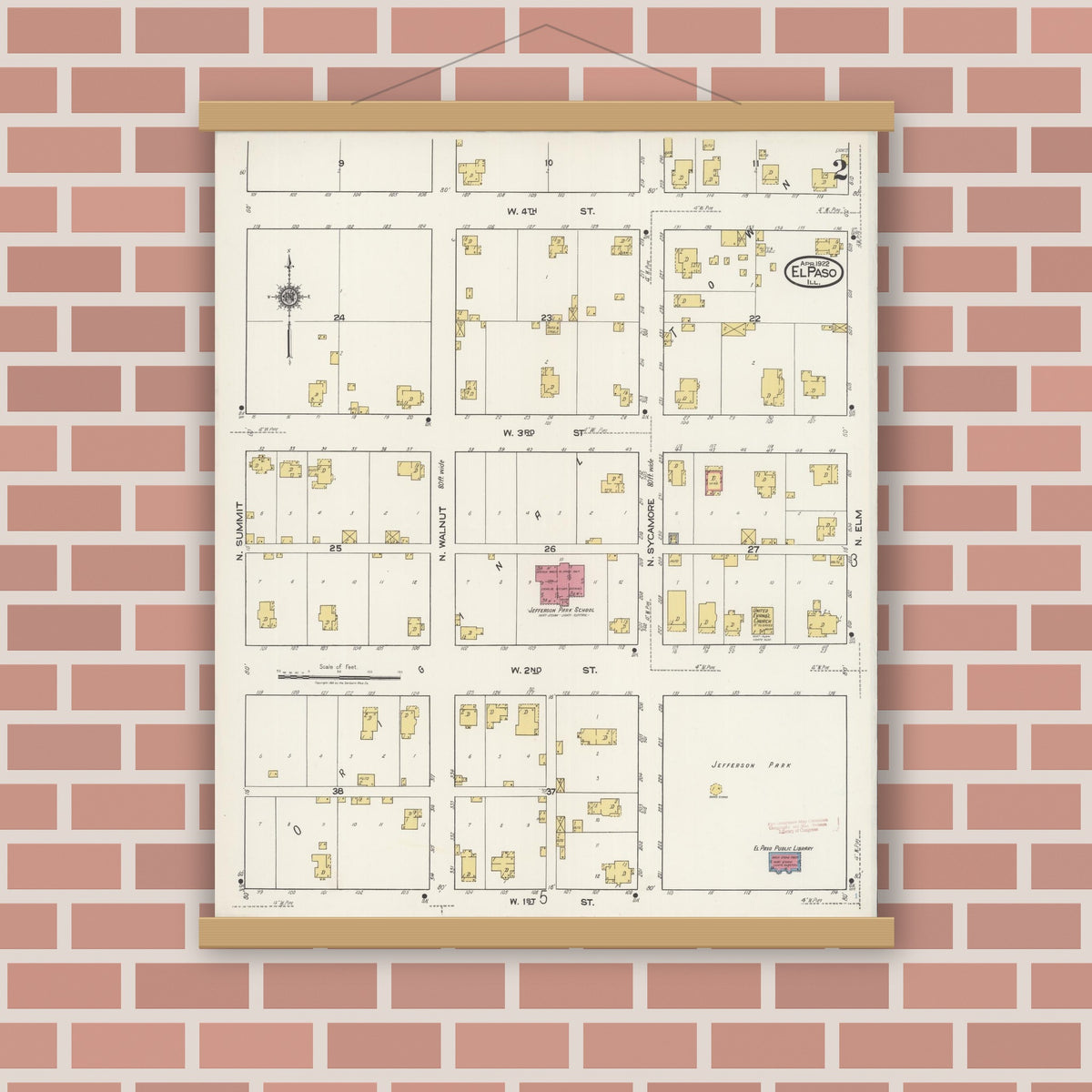 Old map wall art mockup — magnetic wood frame on brick wall — Sanborn Fire Insurance Map from El Paso, Woodford County, Illinois (1922), Sheet #0002