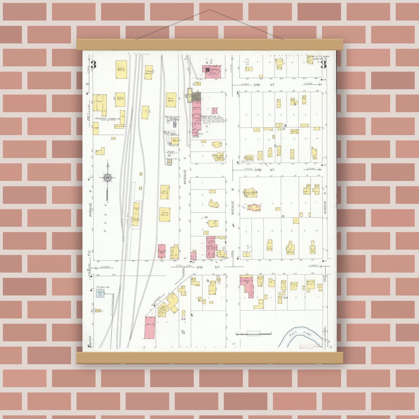 Old map wall art mockup — magnetic wood frame on brick wall — Sanborn Fire Insurance Map from Rush City, Chisago County, Minnesota (1931), Sheet #0003