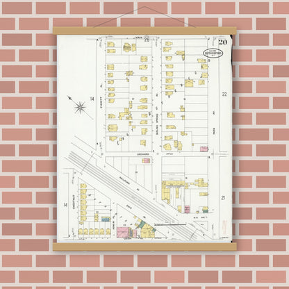 Old map wall art mockup — magnetic wood frame on brick wall — Sanborn Fire Insurance Map from Rutherford, Bergen County, New Jersey (1909), Sheet #0020