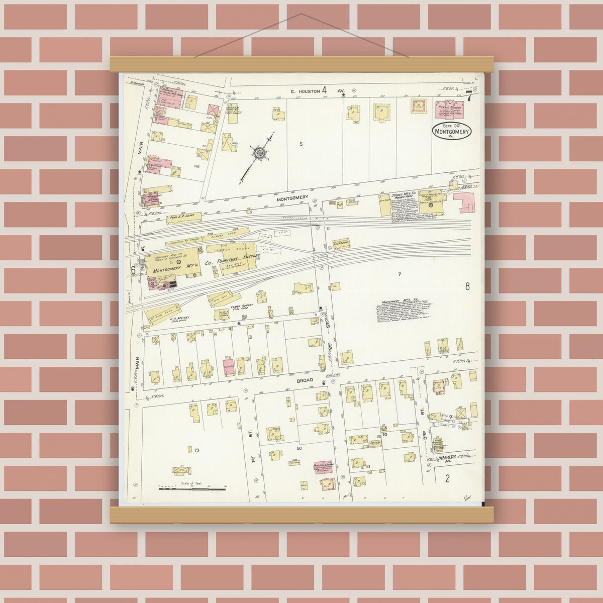 Old map wall art mockup — magnetic wood frame on brick wall — Sanborn Fire Insurance Map from Montgomery, Lycoming County, Pennsylvania (1912), Sheet #0007