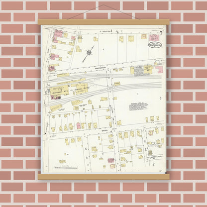 Old map wall art mockup — magnetic wood frame on brick wall — Sanborn Fire Insurance Map from Montgomery, Lycoming County, Pennsylvania (1912), Sheet #0007