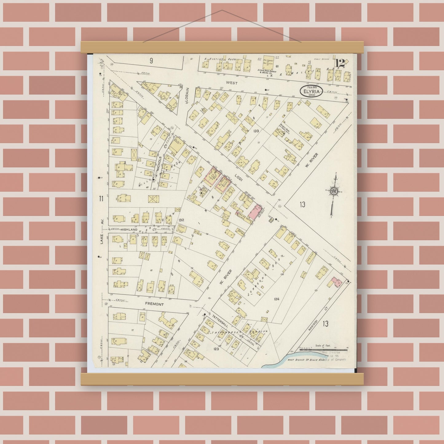 Old map wall art mockup — magnetic wood frame on brick wall — Sanborn Fire Insurance Map from Elyria, Lorain County, Ohio (1915), Sheet #0012
