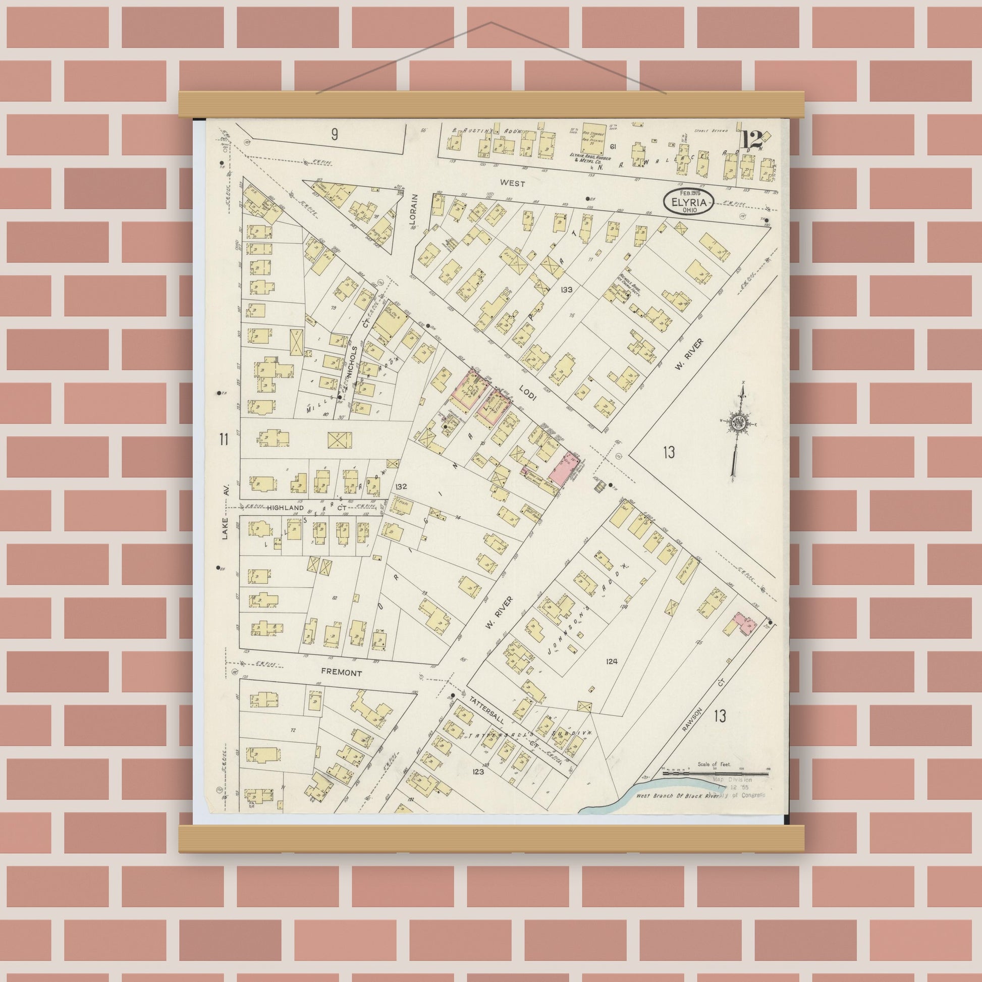 Old map wall art mockup — magnetic wood frame on brick wall — Sanborn Fire Insurance Map from Elyria, Lorain County, Ohio (1915), Sheet #0012