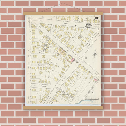 Old map wall art mockup — magnetic wood frame on brick wall — Sanborn Fire Insurance Map from Elyria, Lorain County, Ohio (1915), Sheet #0012