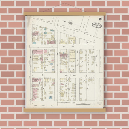 Old map wall art mockup — magnetic wood frame on brick wall — Sanborn Fire Insurance Map from Rock Island, Rock Island County, Illinois (1886), Sheet #0010