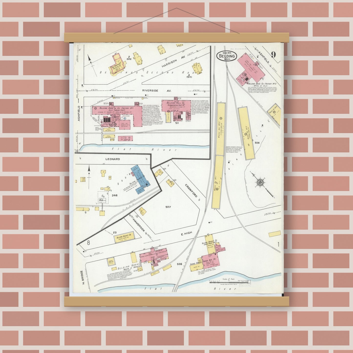 Old map wall art mockup — magnetic wood frame on brick wall — Sanborn Fire Insurance Map from Belding, Ionia County, Michigan (1918), Sheet #0009