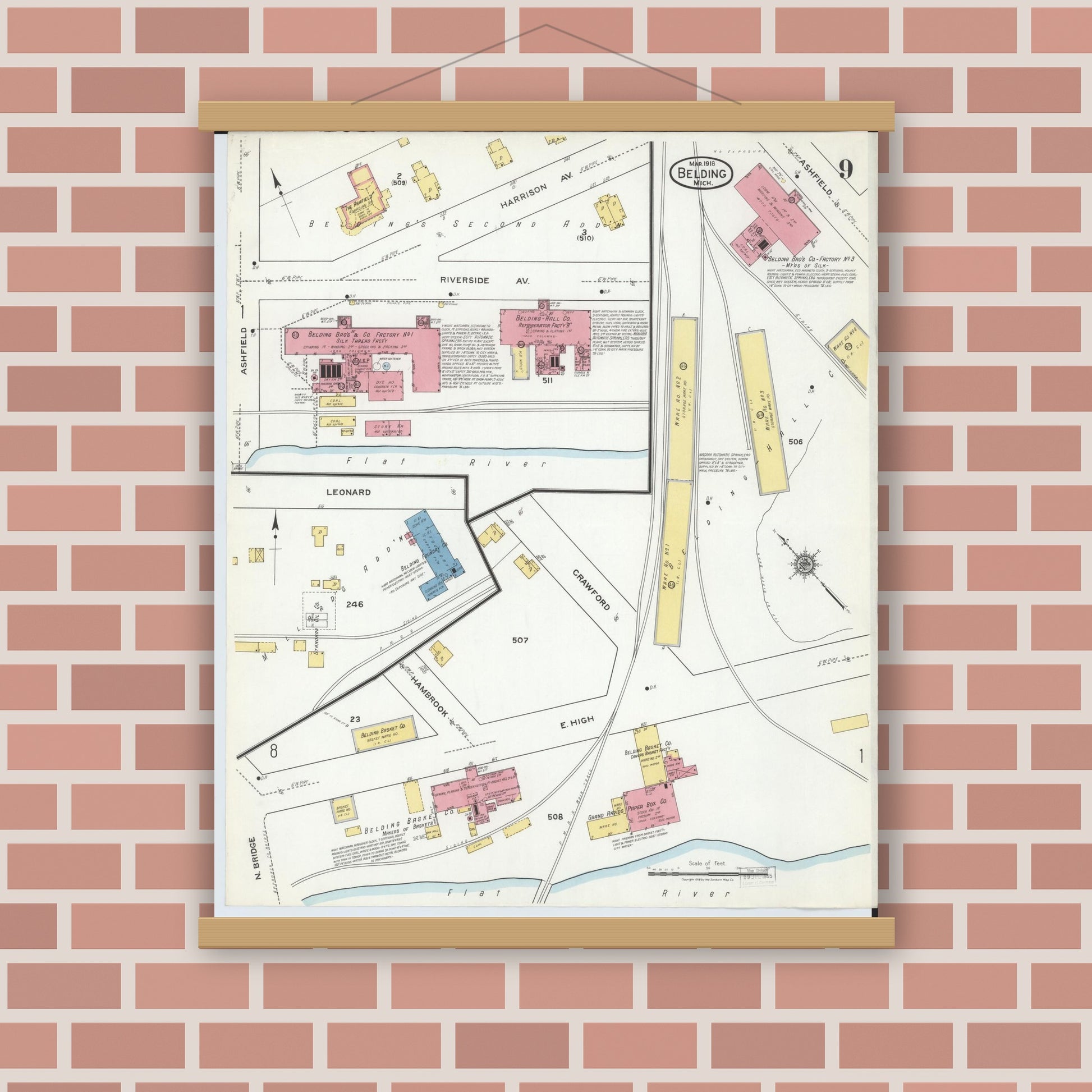 Old map wall art mockup — magnetic wood frame on brick wall — Sanborn Fire Insurance Map from Belding, Ionia County, Michigan (1918), Sheet #0009