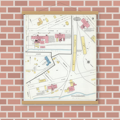 Old map wall art mockup — magnetic wood frame on brick wall — Sanborn Fire Insurance Map from Belding, Ionia County, Michigan (1918), Sheet #0009