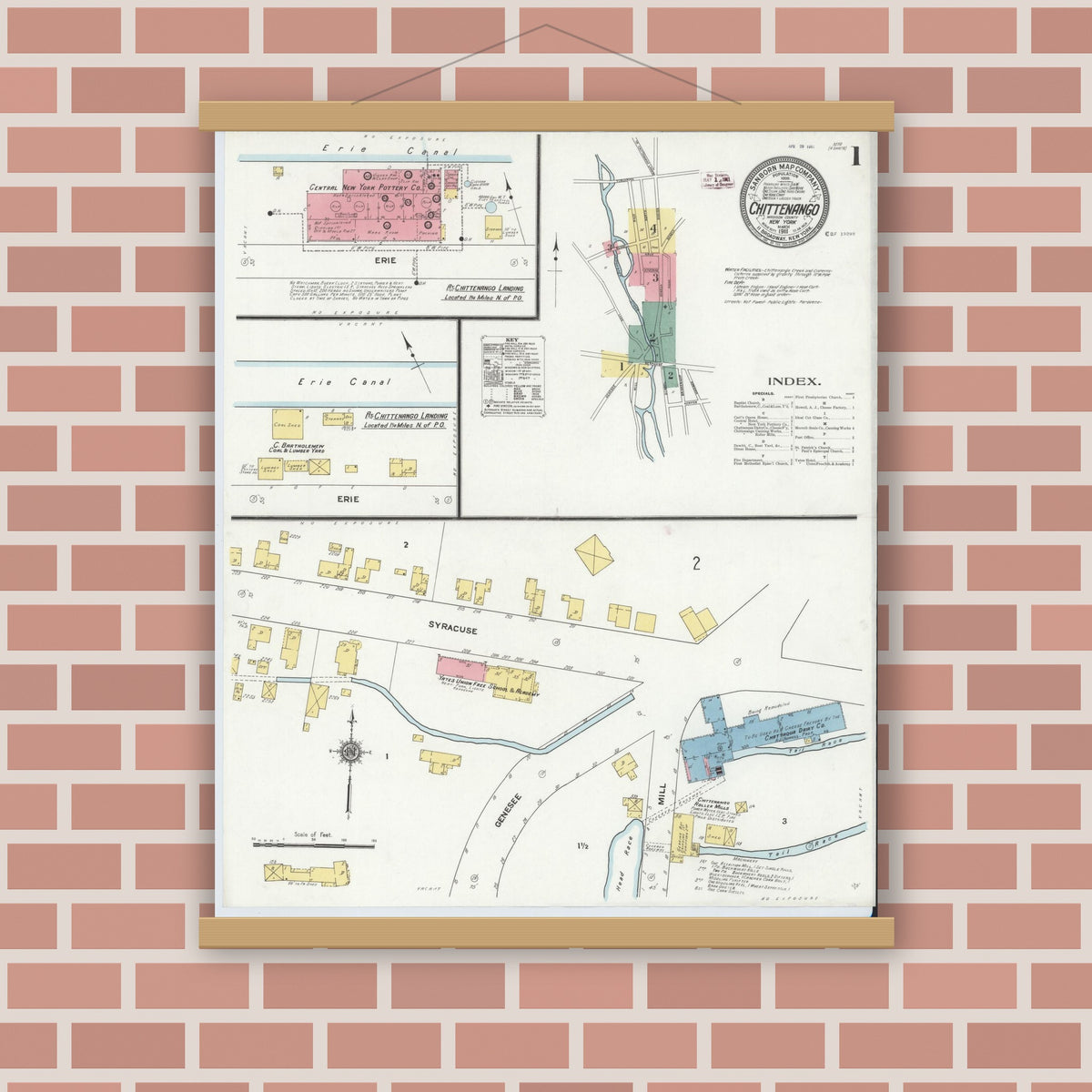 Old map wall art mockup — magnetic wood frame on brick wall — Sanborn Fire Insurance Map from Chittenango, Madison County, New York (1911) - Complete Map Set