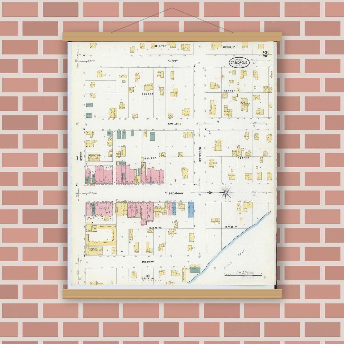 Old map wall art mockup — magnetic wood frame on brick wall — Sanborn Fire Insurance Map from Cassopolis, Cass County, Michigan (1909), Sheet #0002