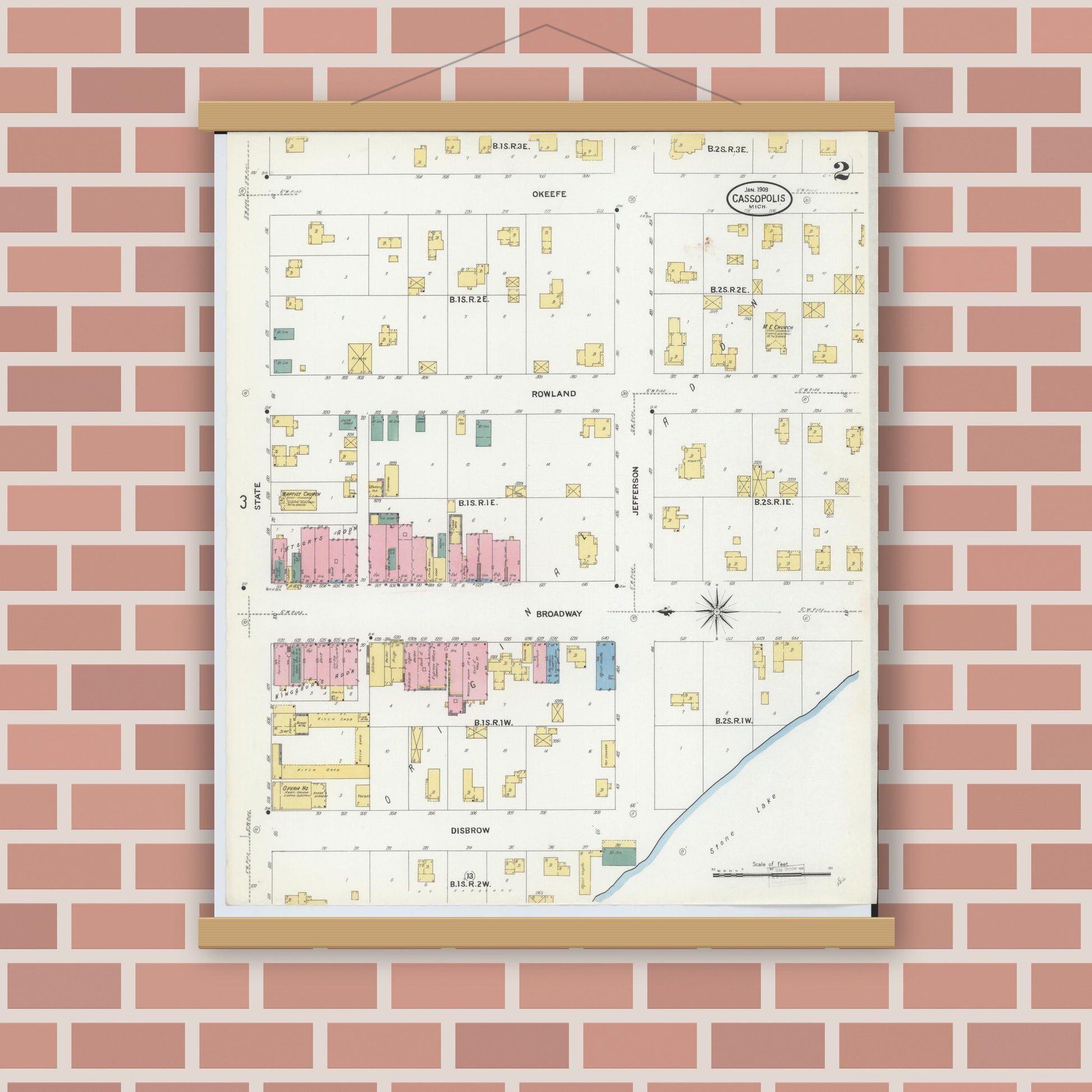 Old map wall art mockup — magnetic wood frame on brick wall — Sanborn Fire Insurance Map from Cassopolis, Cass County, Michigan (1909), Sheet #0002