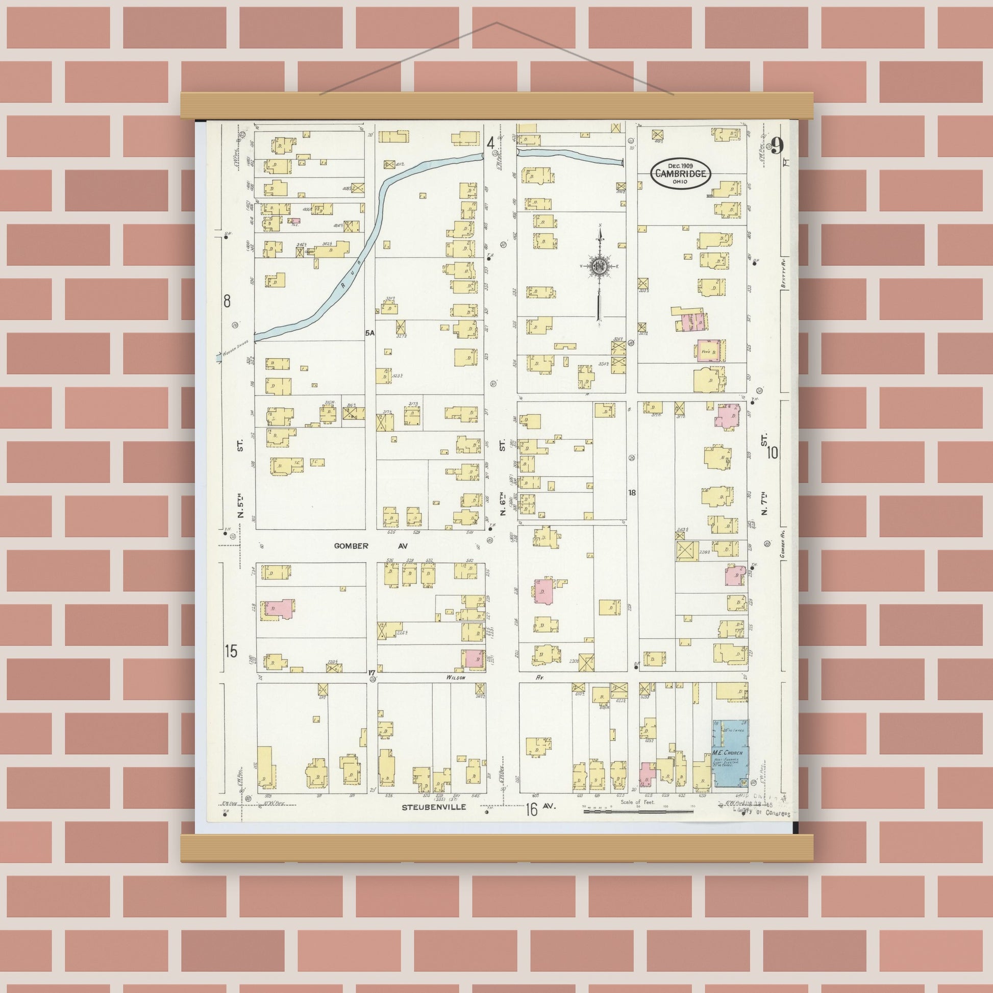 Old map wall art mockup — magnetic wood frame on brick wall — Sanborn Fire Insurance Map from Cambridge, Guernsey County, Ohio (1909), Sheet #0009