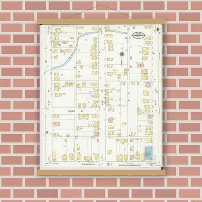 Old map wall art mockup — magnetic wood frame on brick wall — Sanborn Fire Insurance Map from Cambridge, Guernsey County, Ohio (1909), Sheet #0009