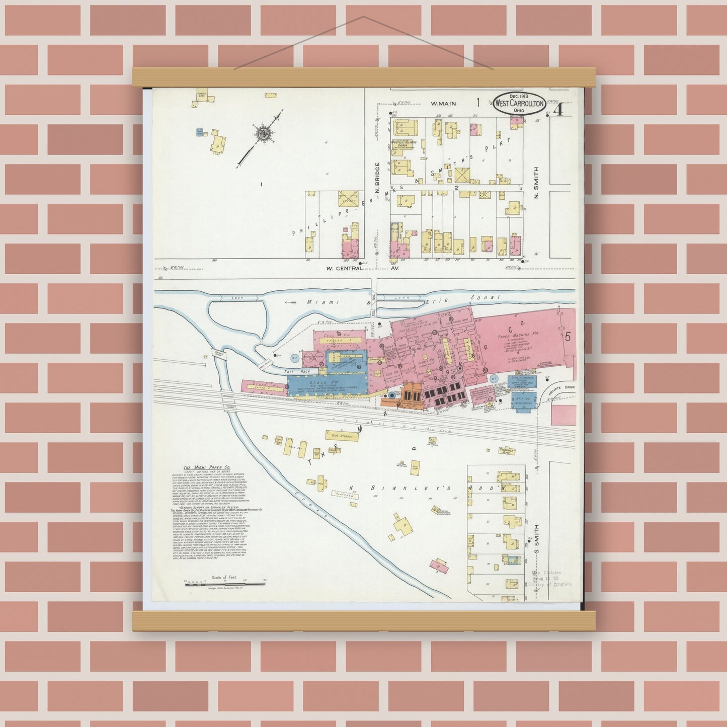 Old map wall art mockup — magnetic wood frame on brick wall — Sanborn Fire Insurance Map from West Carrollton, Montgomery County, Ohio (1918), Sheet #0004