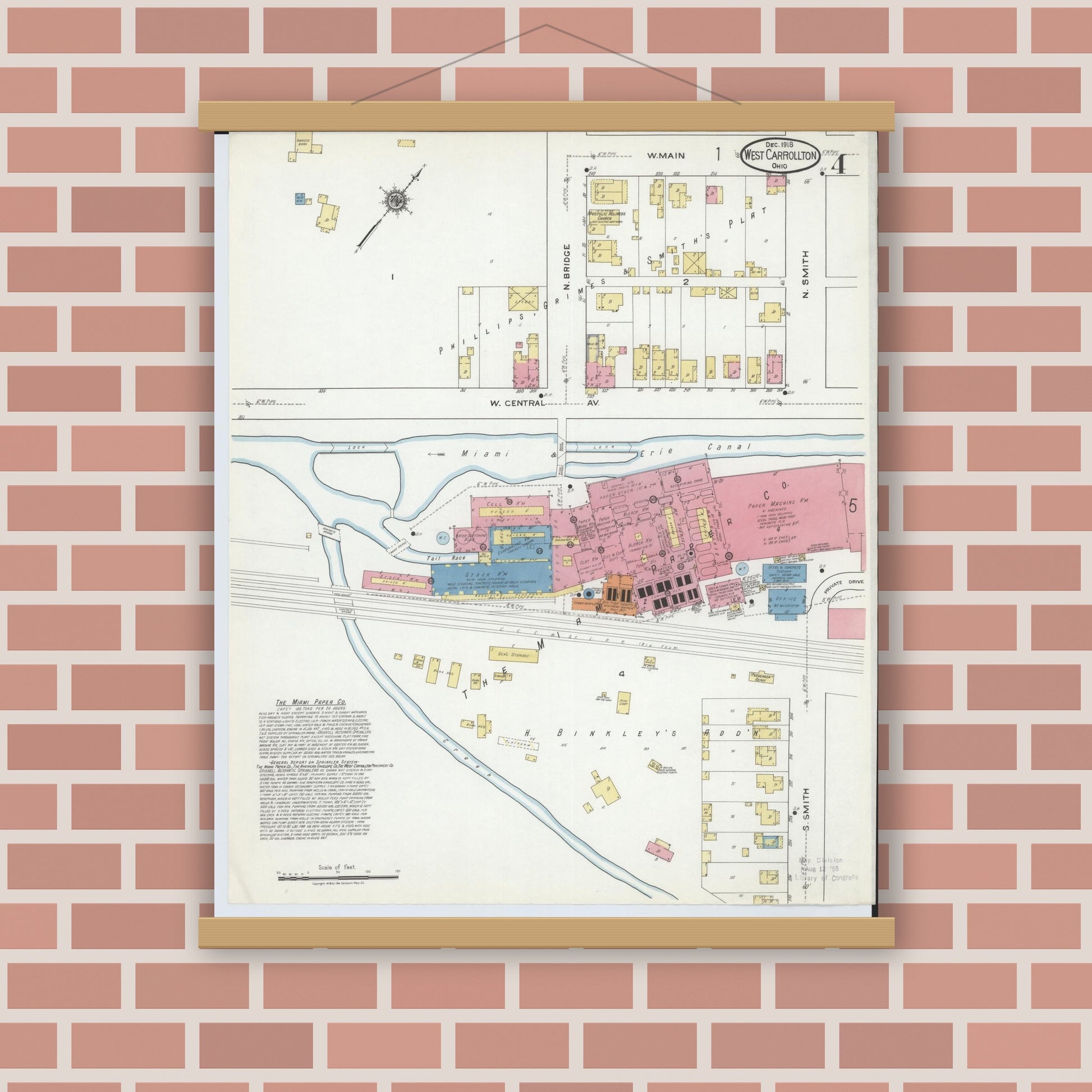 Old map wall art mockup — magnetic wood frame on brick wall — Sanborn Fire Insurance Map from West Carrollton, Montgomery County, Ohio (1918), Sheet #0004