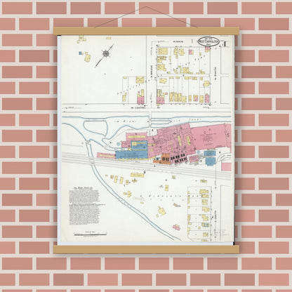 Old map wall art mockup — magnetic wood frame on brick wall — Sanborn Fire Insurance Map from West Carrollton, Montgomery County, Ohio (1918), Sheet #0004