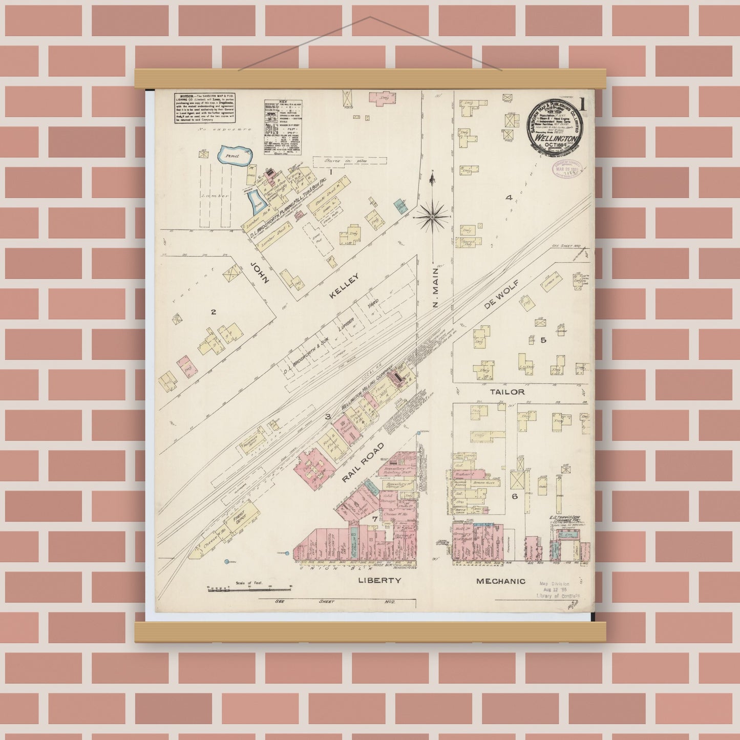 Old map wall art mockup — magnetic wood frame on brick wall — Sanborn Fire Insurance Map from Wellington, Lorain County, Ohio (1884), Sheet #0001