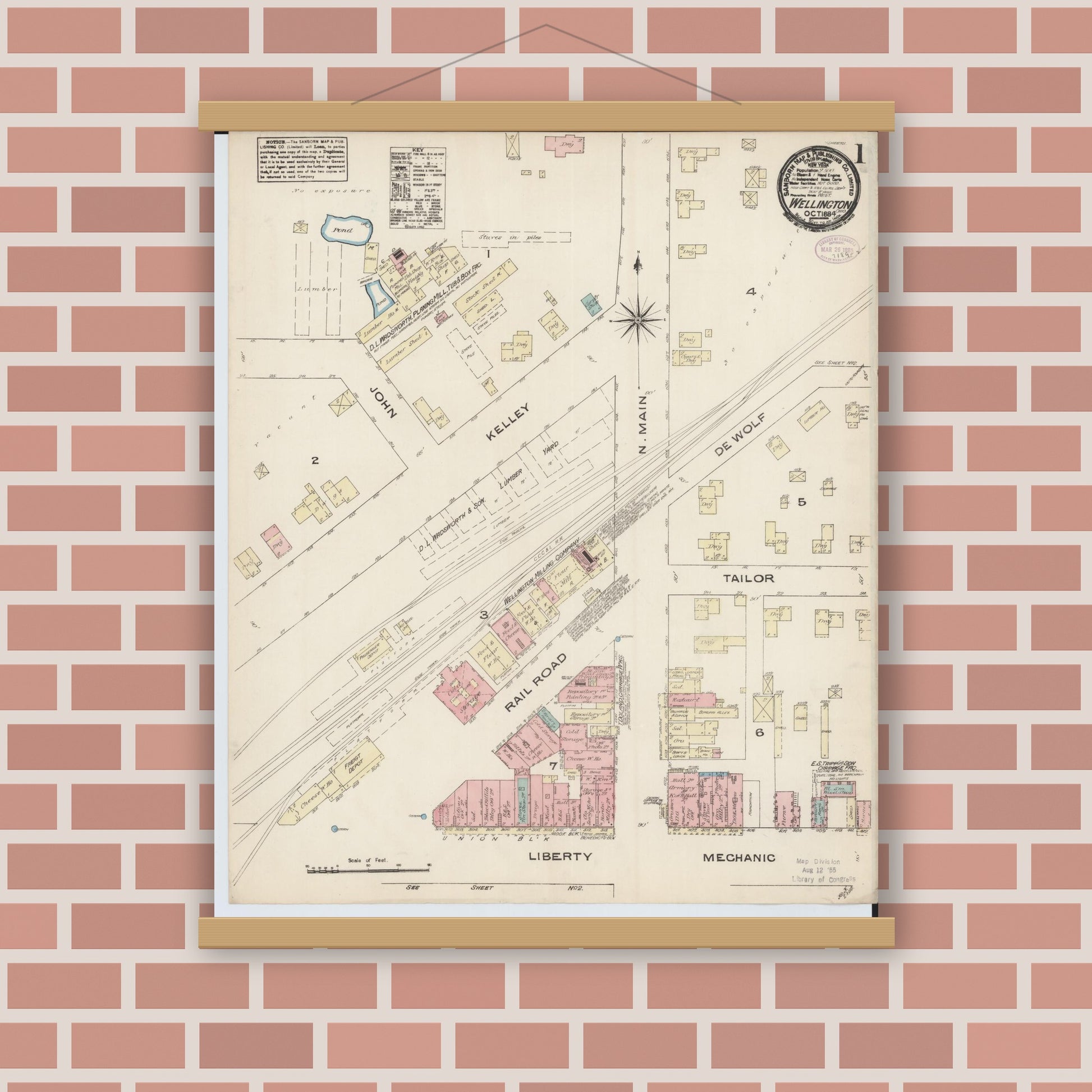 Old map wall art mockup — magnetic wood frame on brick wall — Sanborn Fire Insurance Map from Wellington, Lorain County, Ohio (1884), Sheet #0001