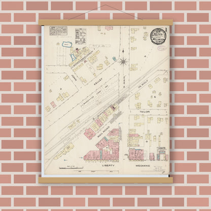 Old map wall art mockup — magnetic wood frame on brick wall — Sanborn Fire Insurance Map from Wellington, Lorain County, Ohio (1884), Sheet #0001