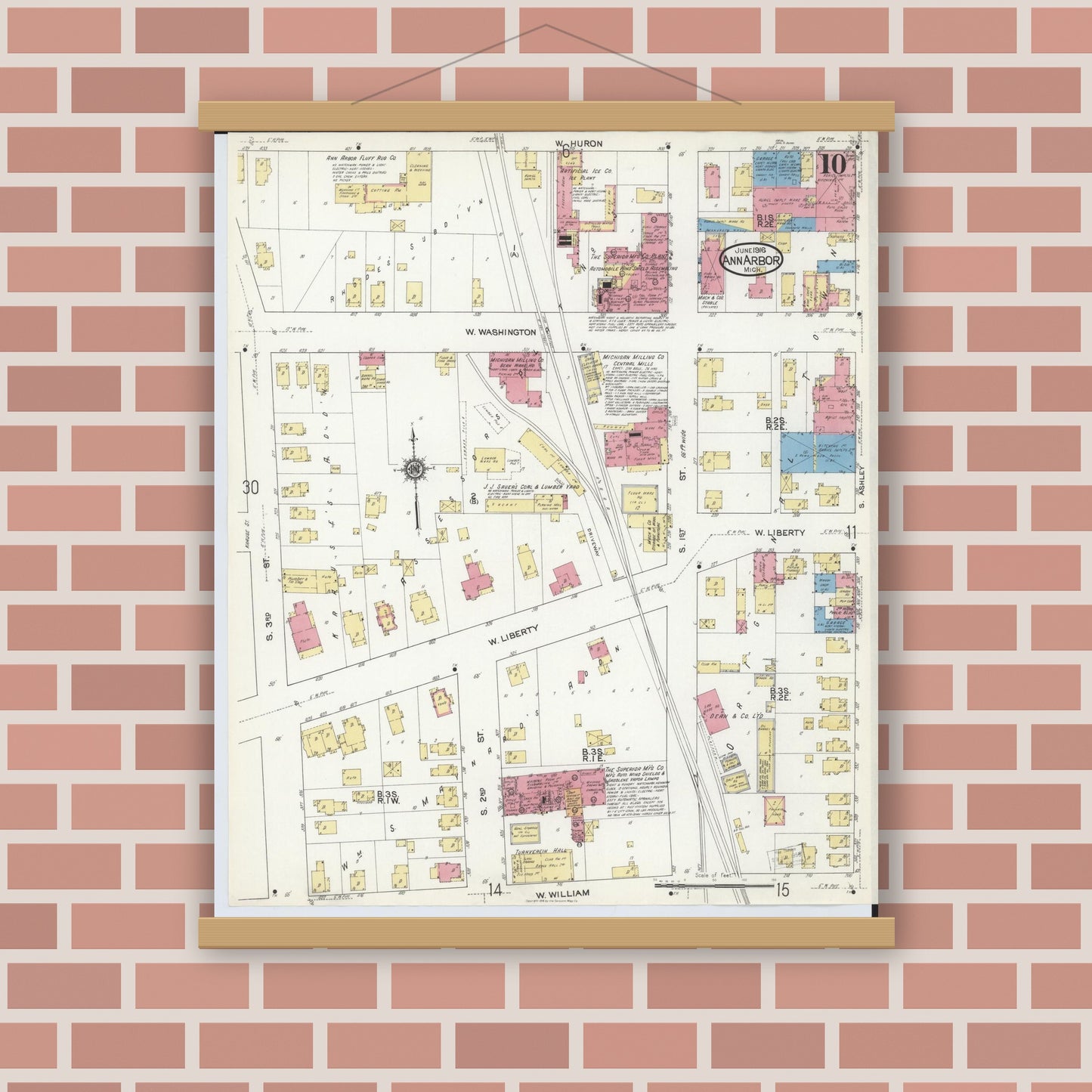 Old map wall art mockup — magnetic wood frame on brick wall — Sanborn Fire Insurance Map from Ann Arbor, Washtenaw County, Michigan (1916), Sheet #0010
