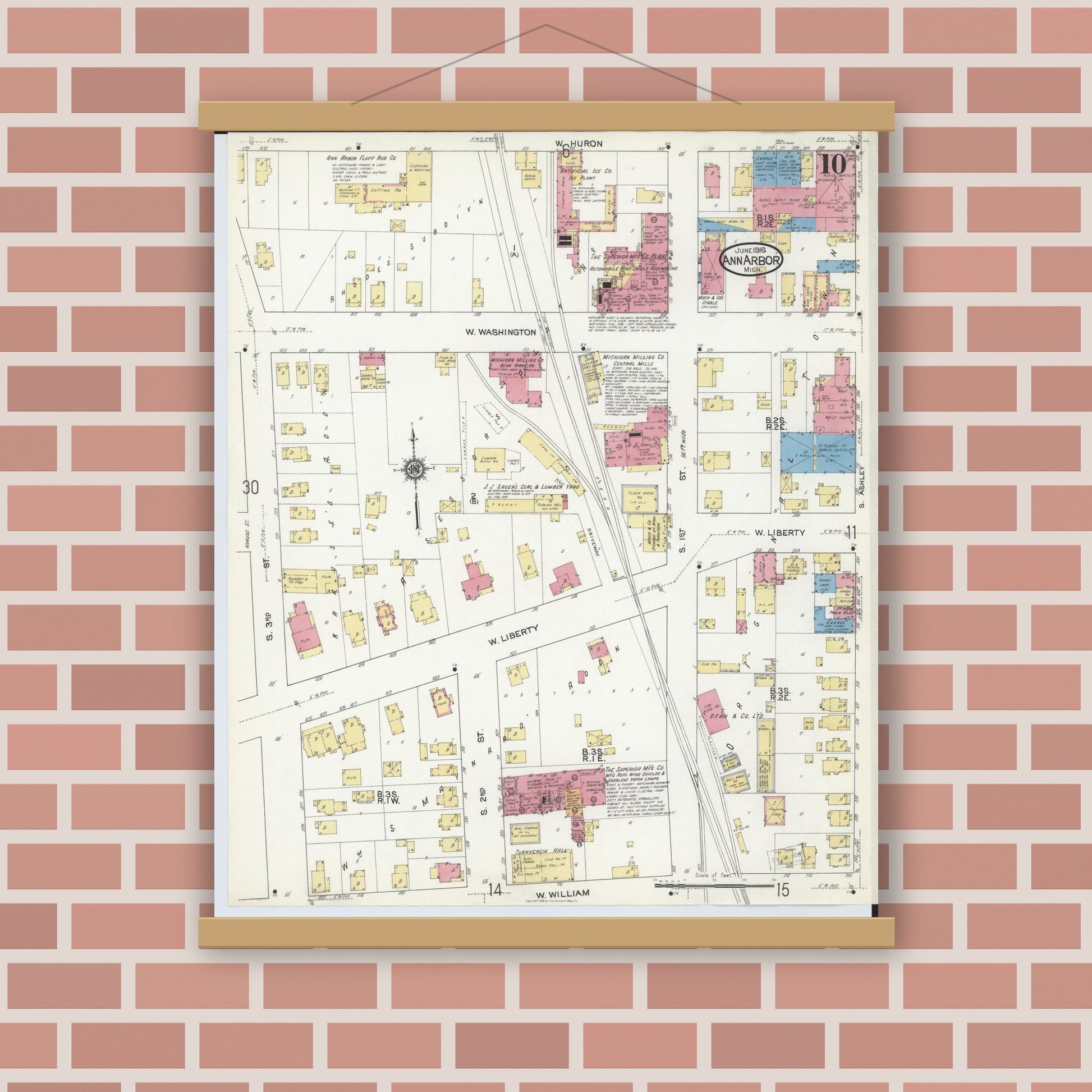 Old map wall art mockup — magnetic wood frame on brick wall — Sanborn Fire Insurance Map from Ann Arbor, Washtenaw County, Michigan (1916), Sheet #0010