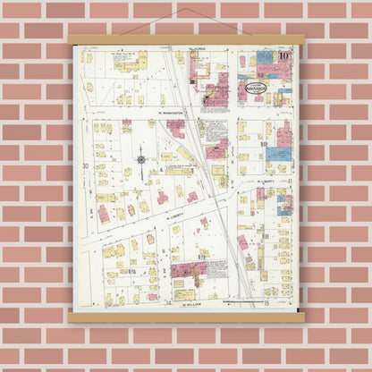 Old map wall art mockup — magnetic wood frame on brick wall — Sanborn Fire Insurance Map from Ann Arbor, Washtenaw County, Michigan (1916), Sheet #0010