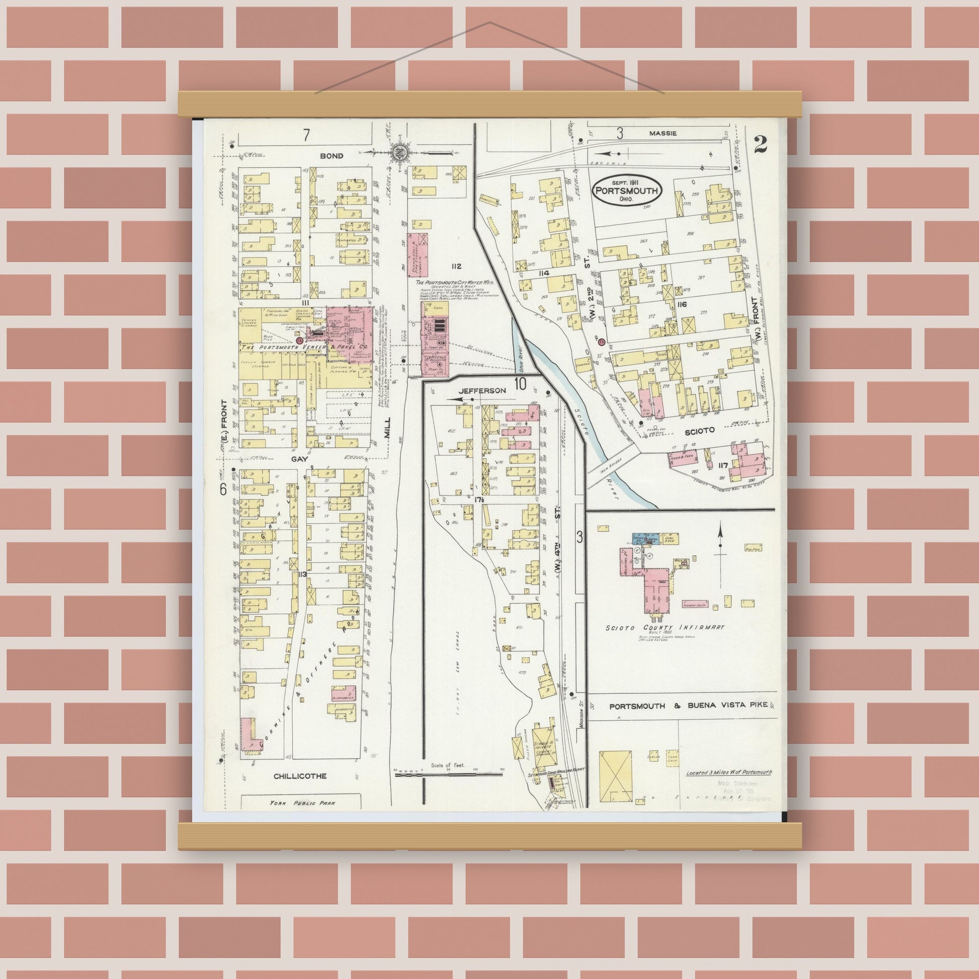 Old map wall art mockup — magnetic wood frame on brick wall — Sanborn Fire Insurance Map from Portsmouth, Scioto County, Ohio (1911), Sheet #0002