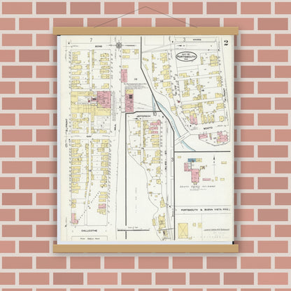 Old map wall art mockup — magnetic wood frame on brick wall — Sanborn Fire Insurance Map from Portsmouth, Scioto County, Ohio (1911), Sheet #0002