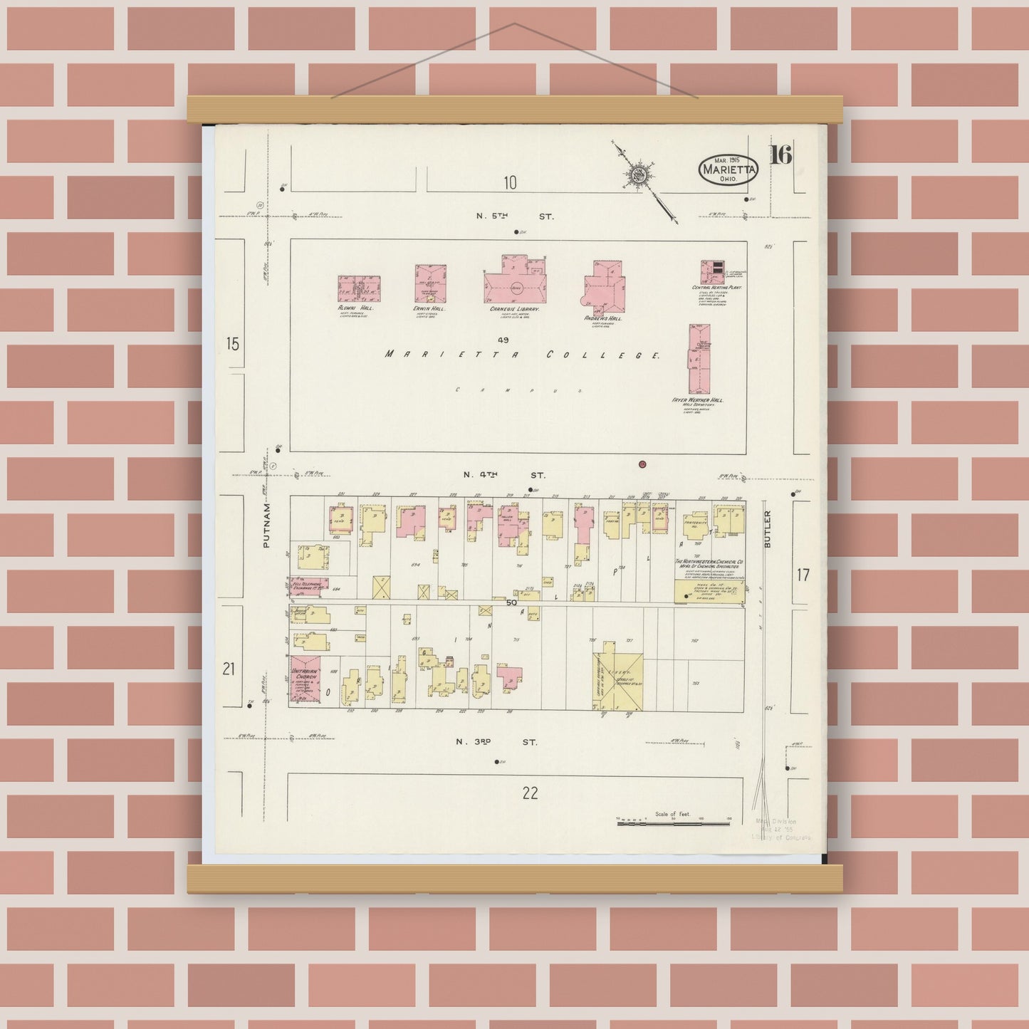 Old map wall art mockup — magnetic wood frame on brick wall — Sanborn Fire Insurance Map from Marietta, Washington County, Ohio (1915), Sheet #0016