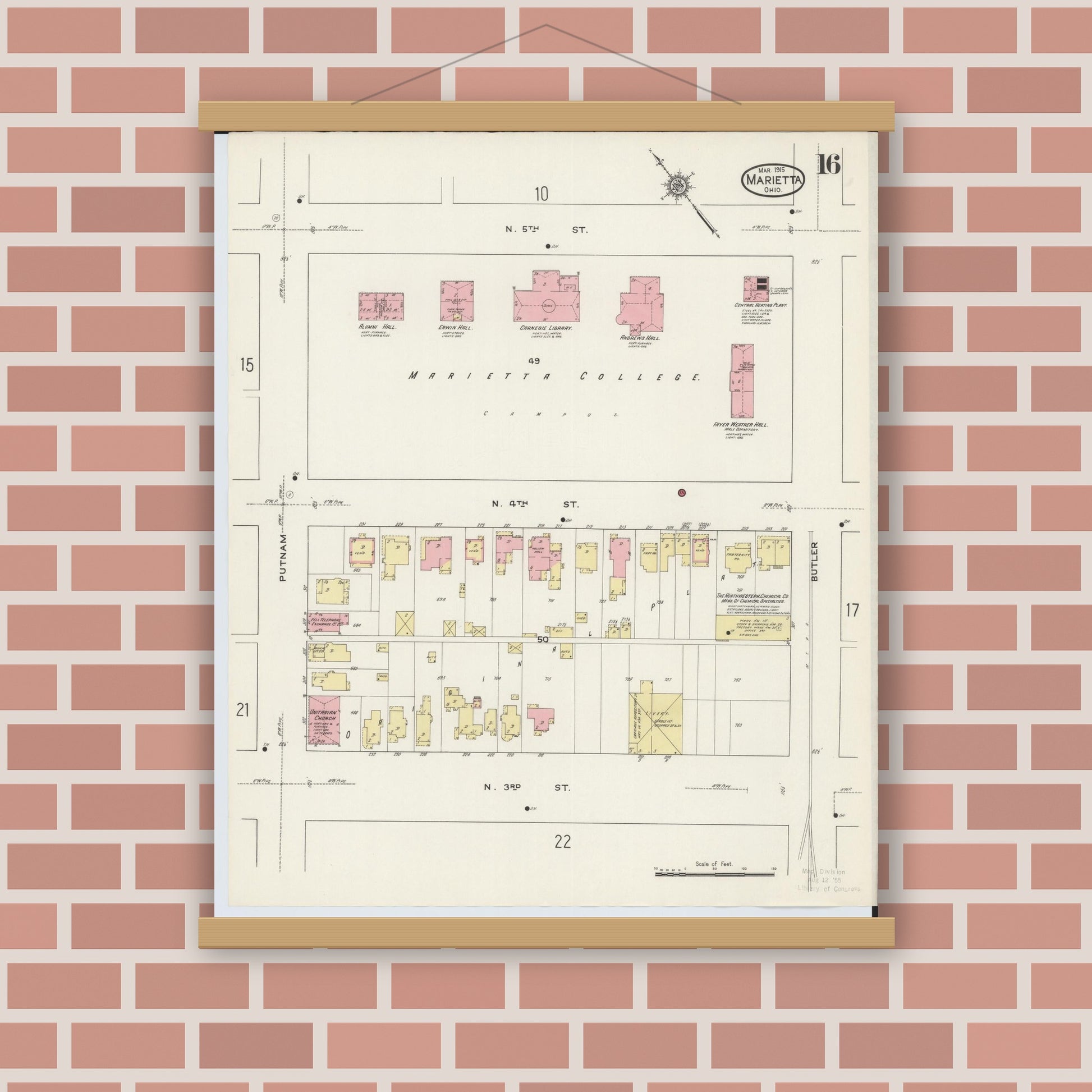 Old map wall art mockup — magnetic wood frame on brick wall — Sanborn Fire Insurance Map from Marietta, Washington County, Ohio (1915), Sheet #0016